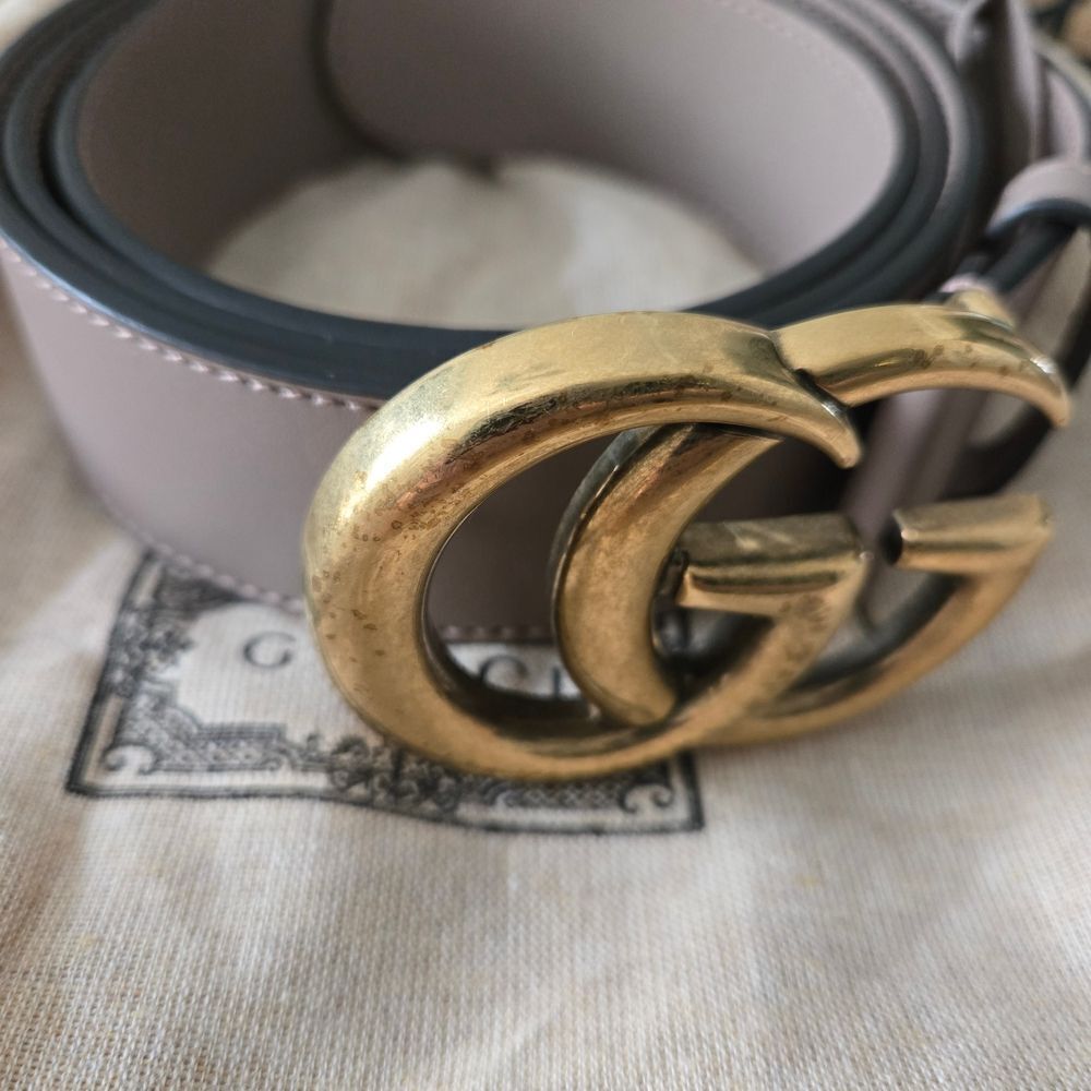AUTHENTIC Gucci Women's Belt with Gold GG Buckle-Taupe-Light tan/neutral 115/46
